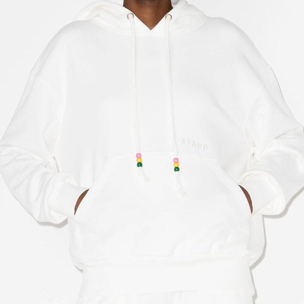 STAUD Logo Embroidered Hoodie Sweatshirt White Beaded